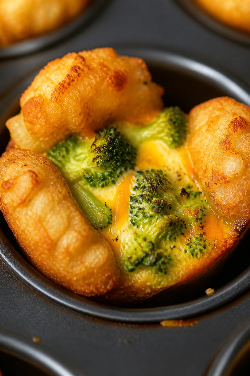 Close-up of broccoli cheddar tater tot cup in a muffin tin.