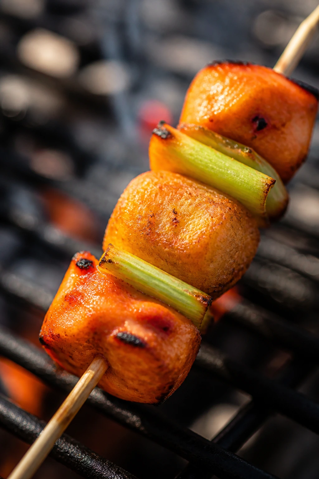 Close-up Buffalo Chicken Tater Tot Skewer with chicken, tot, and celery