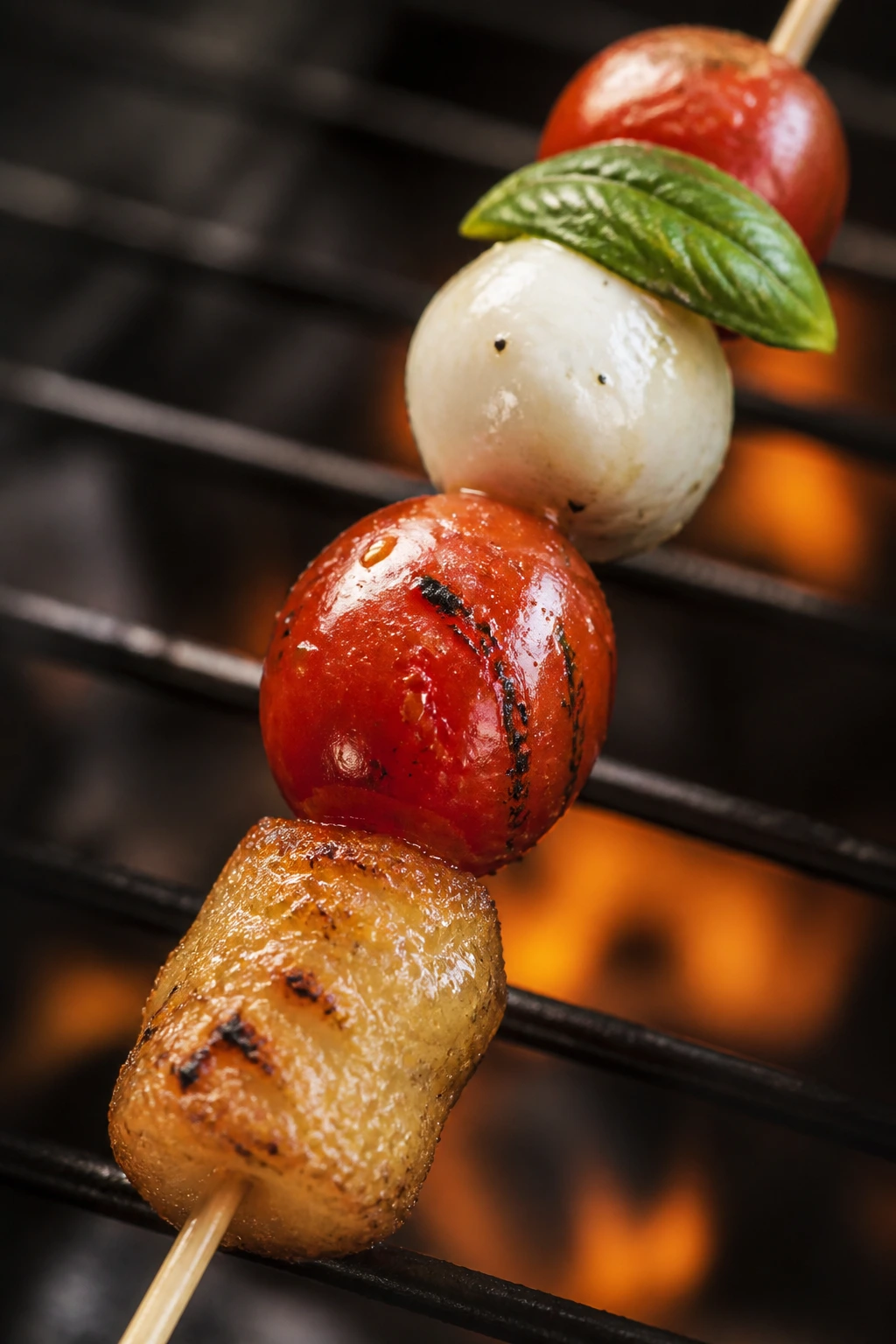 Close-up Caprese Tater Tot Skewer with tomato mozzarella and basil