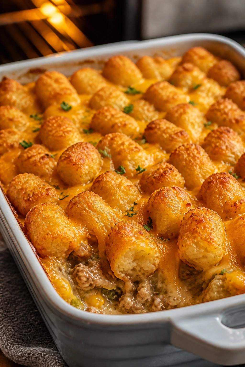 Close-up of tater tot casserole bake with a golden top