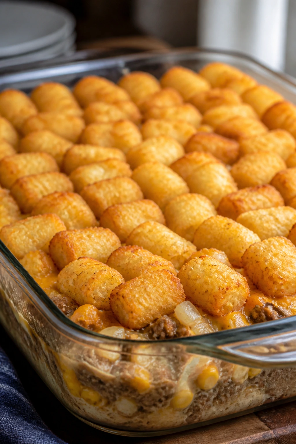 Close-up of Tater Tot Casserole in a glass dish with crispy tots on top in a cozy kitchen