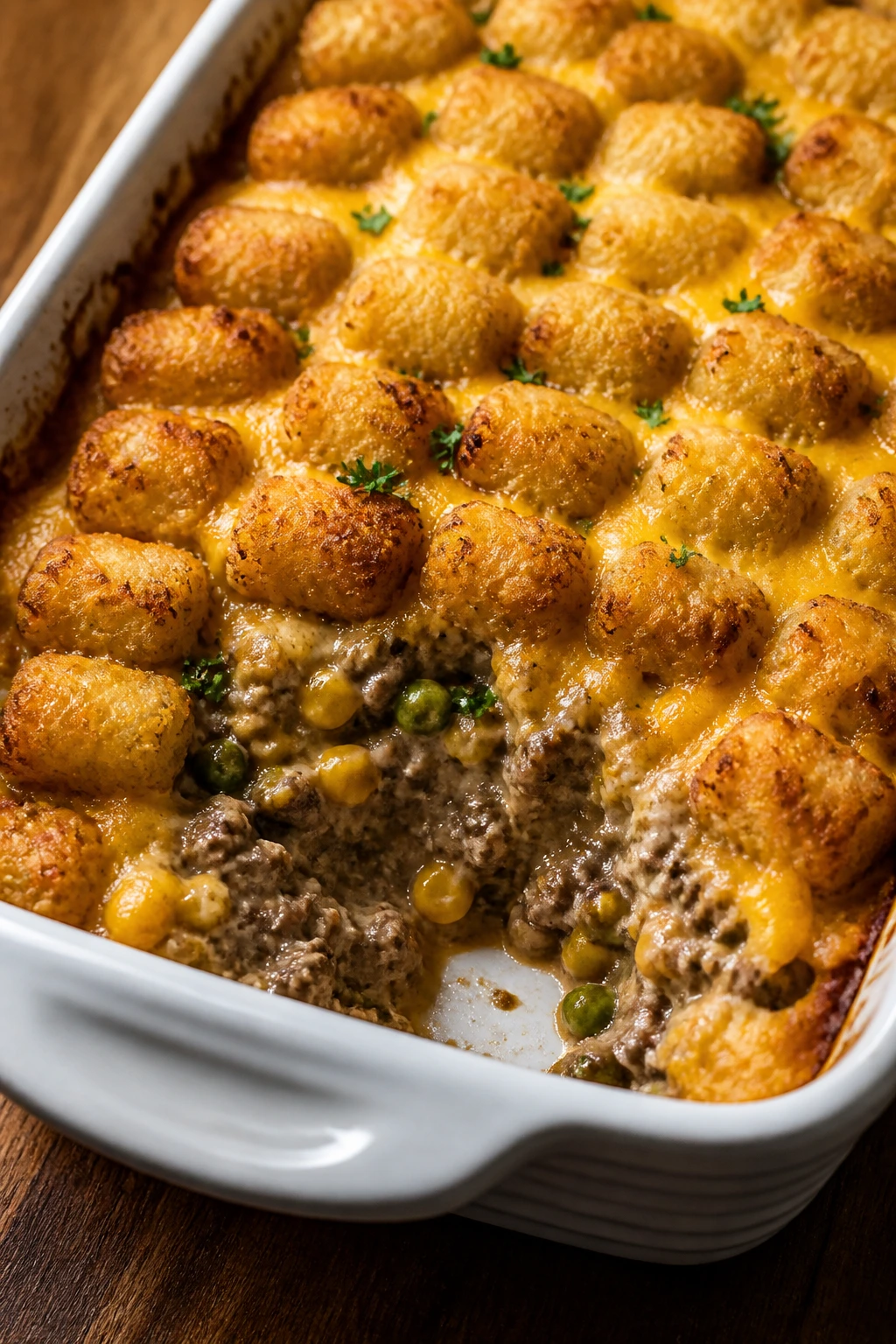 Close-up of tater tot casserole with crisp tots on top