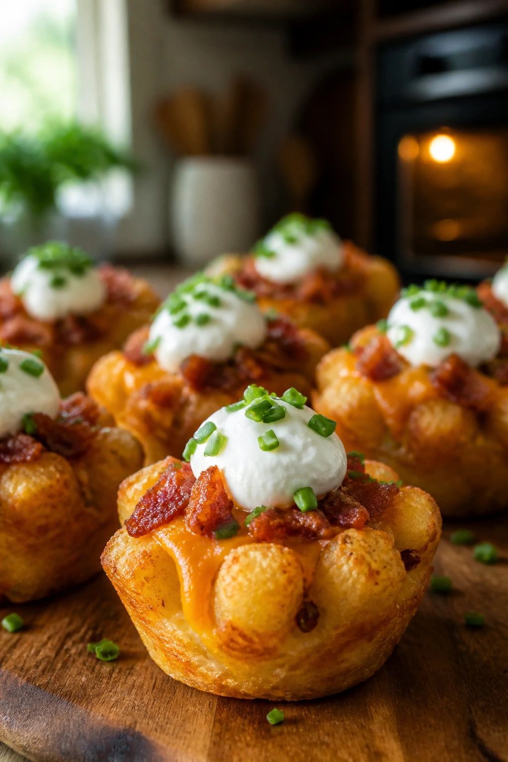 Close-up of loaded tater tot cups with cheddar and bacon in muffin tin