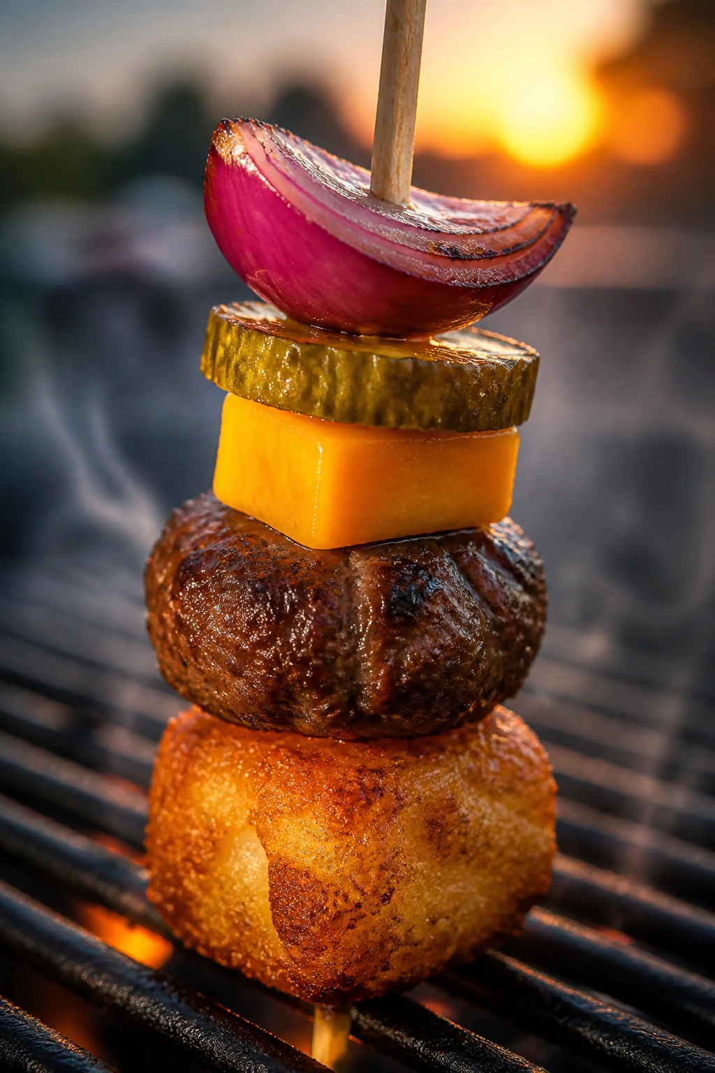 Close-up Cheeseburger Tater Tot Skewer with tot, beef, cheddar, pickle, onion