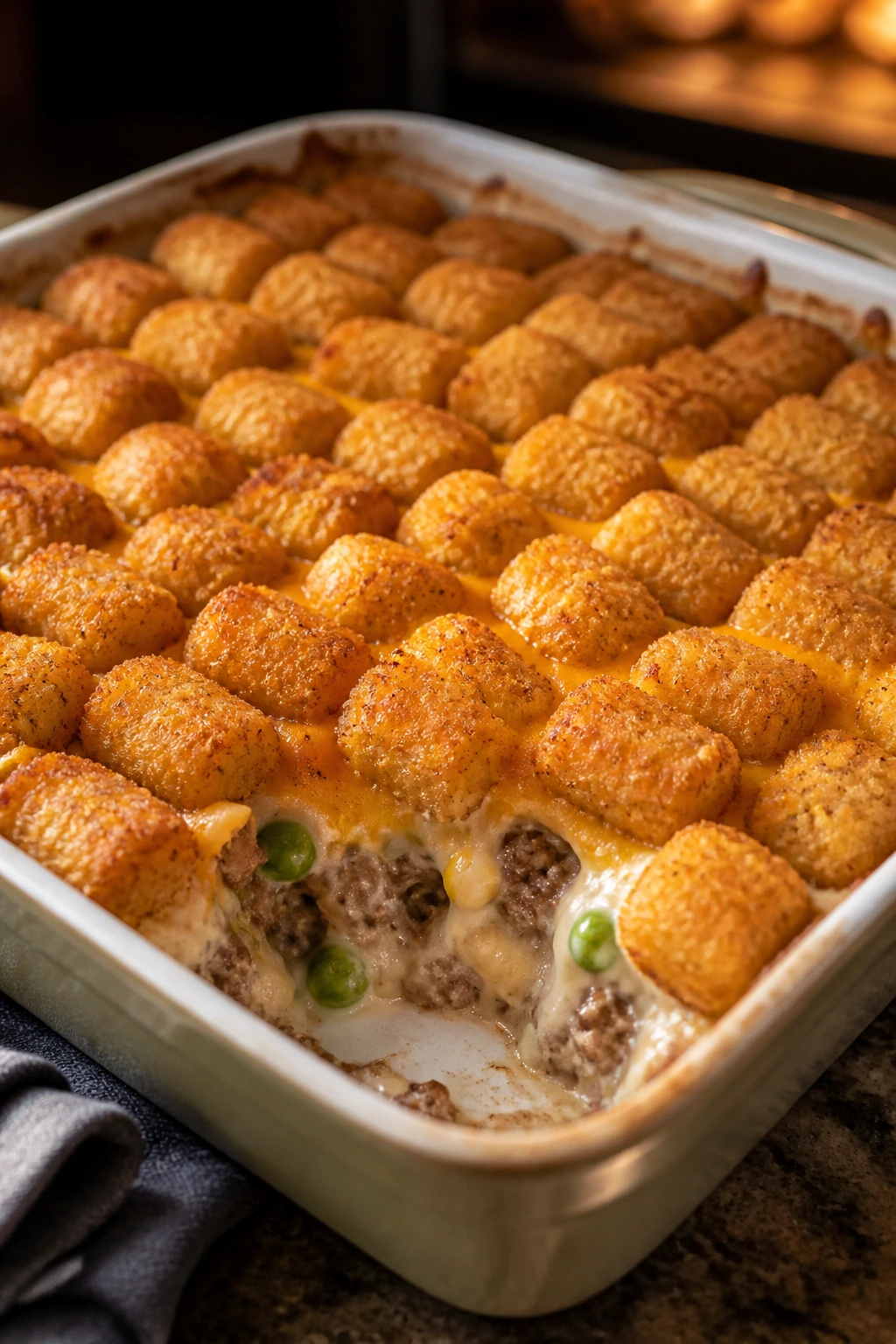 Close-up of tater tot hotdish with golden tots and cheesy top.