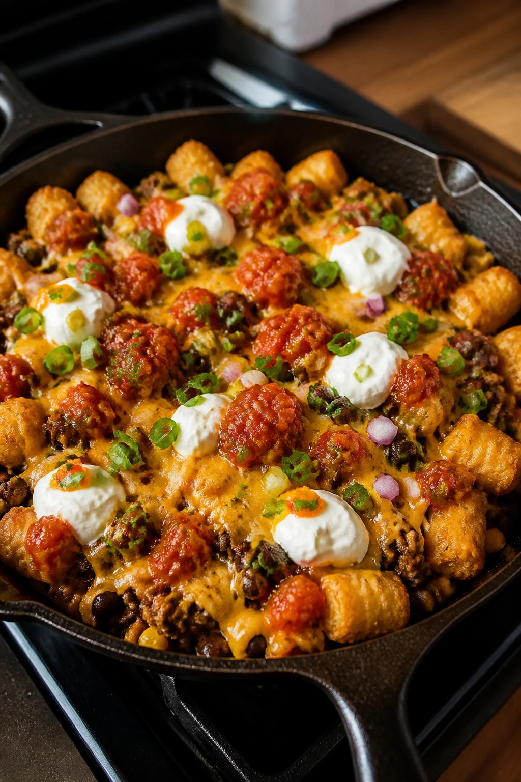 Close-up of tater tot nachos in a cast-iron skillet with beef and cheese