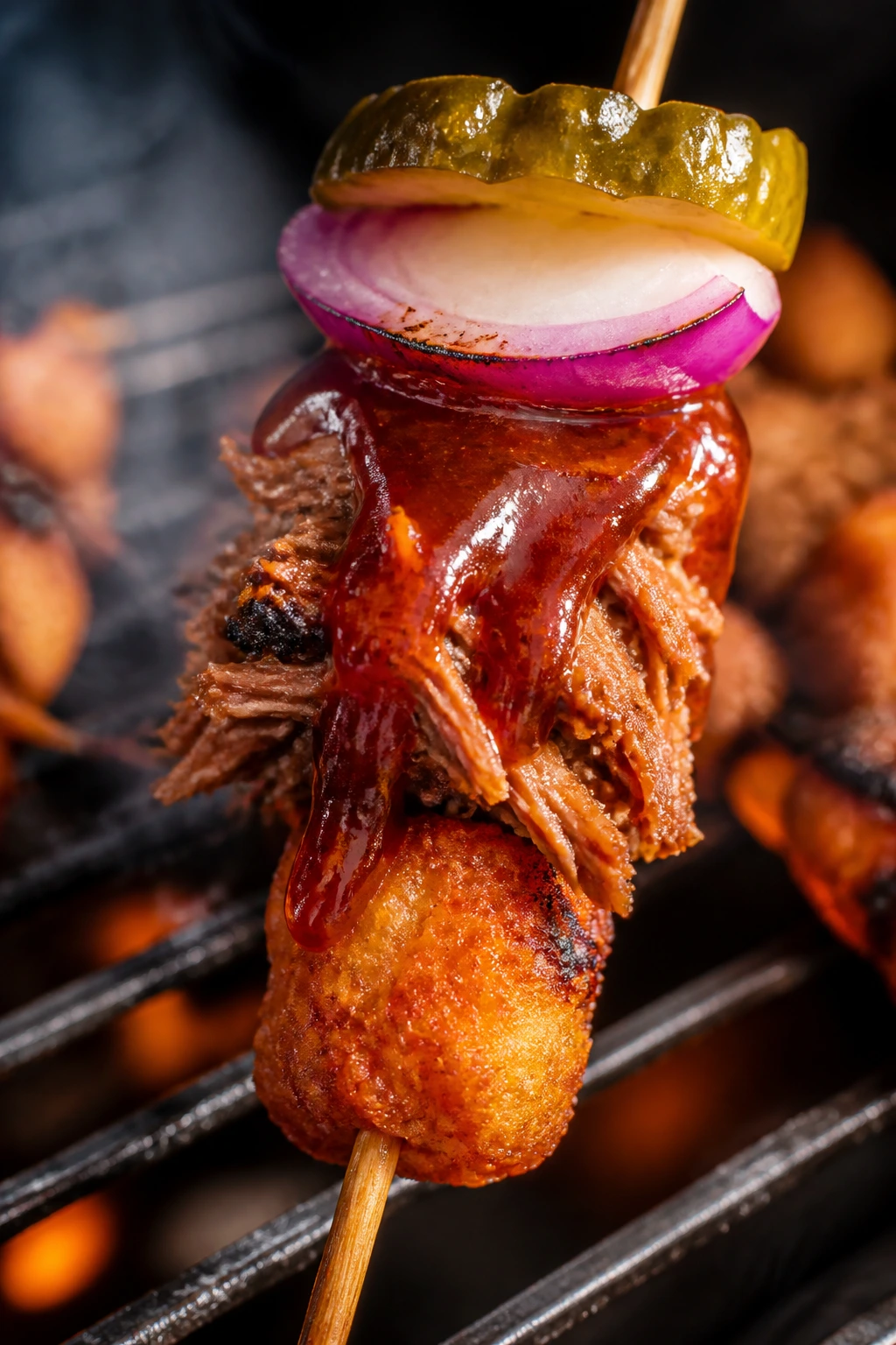 Close-up BBQ Pulled Pork Tater Tot Skewer with pork and sauce