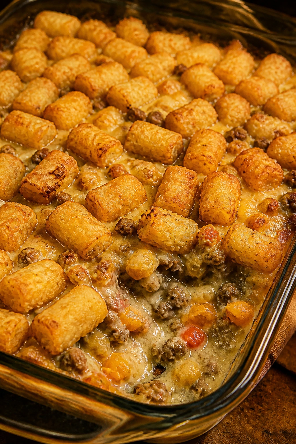 Bubbling tater tot and sausage casserole in a baking dish