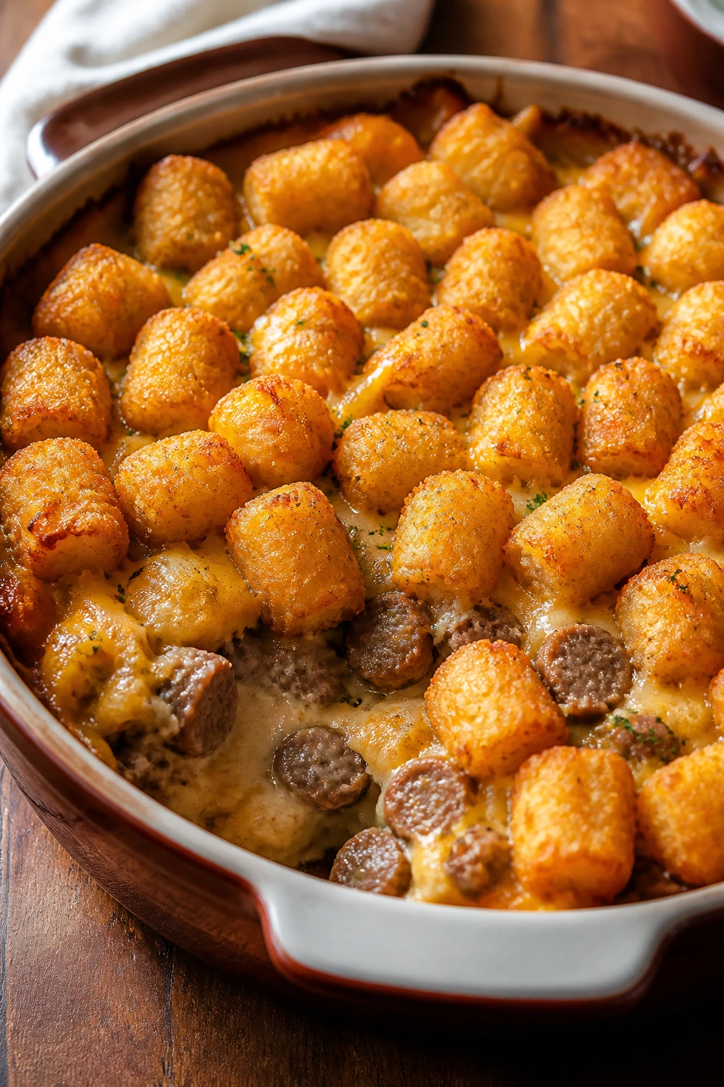 Close-up of bubbling sausage casserole with crispy tater tots on top