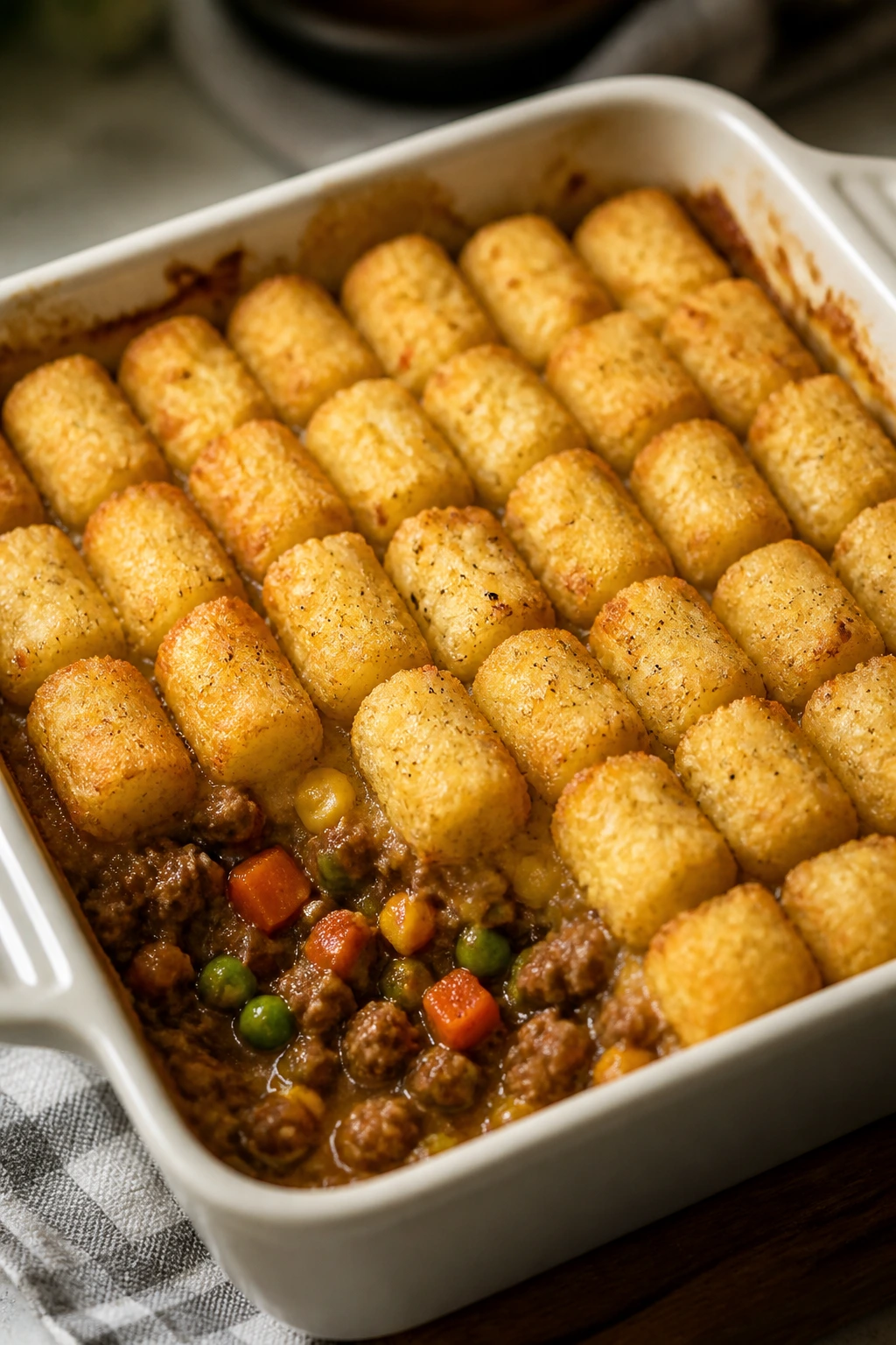 Close-up of tater tot shepherd’s pie with crisp tots topping.