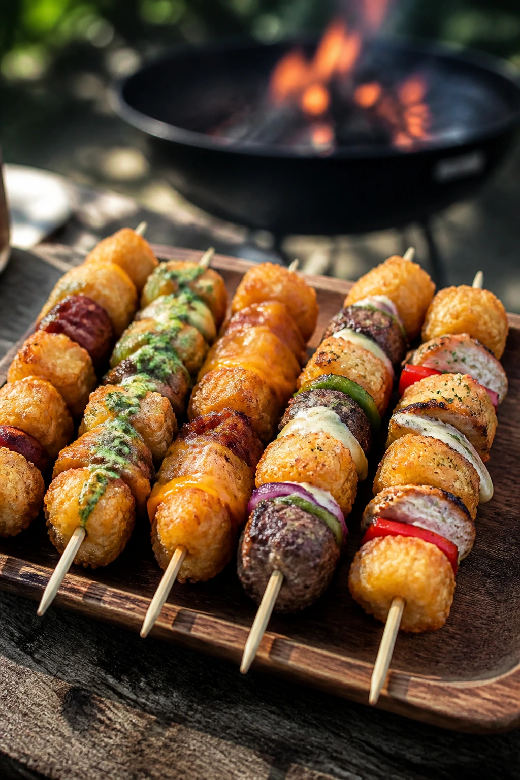 Close-up collection of tater tot skewers on rustic platter outdoors