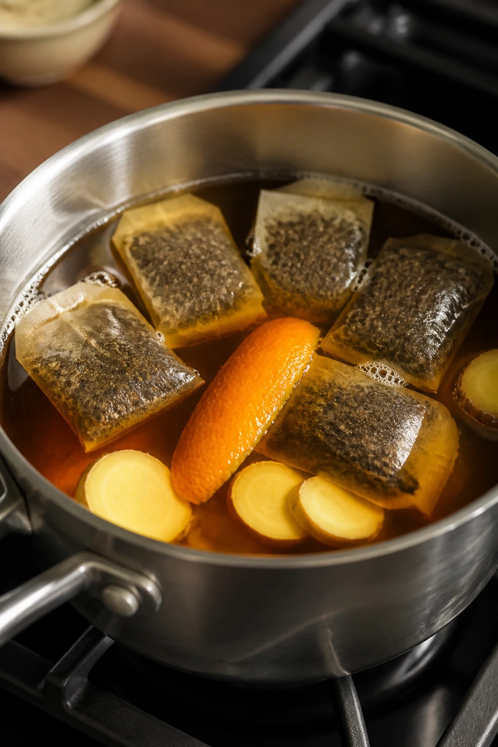 Close-up of tea base brewing with tea bags, orange peel and ginger in amber water