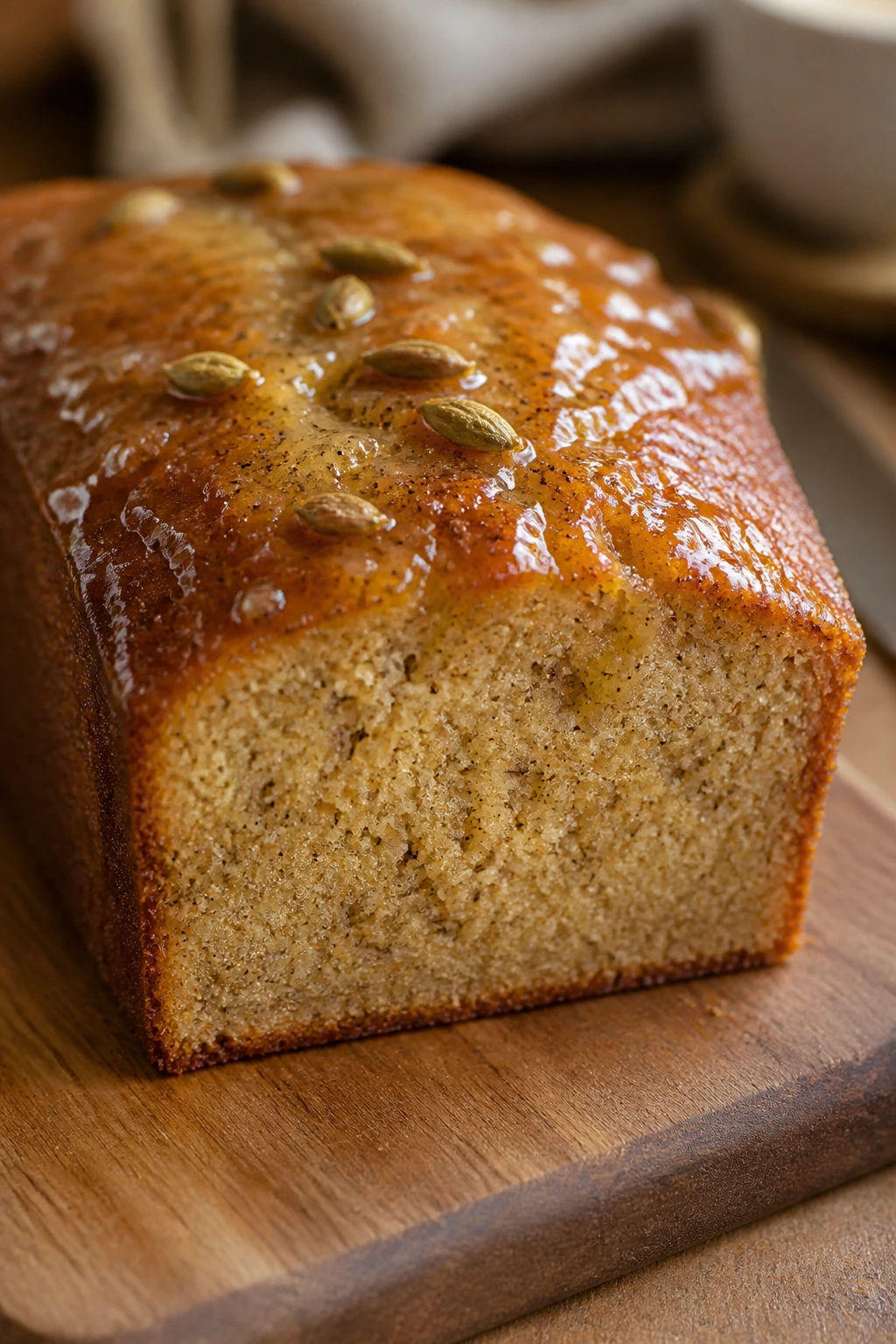 Loaf cake with honey glaze and cardamom on a warm kitchen counter.