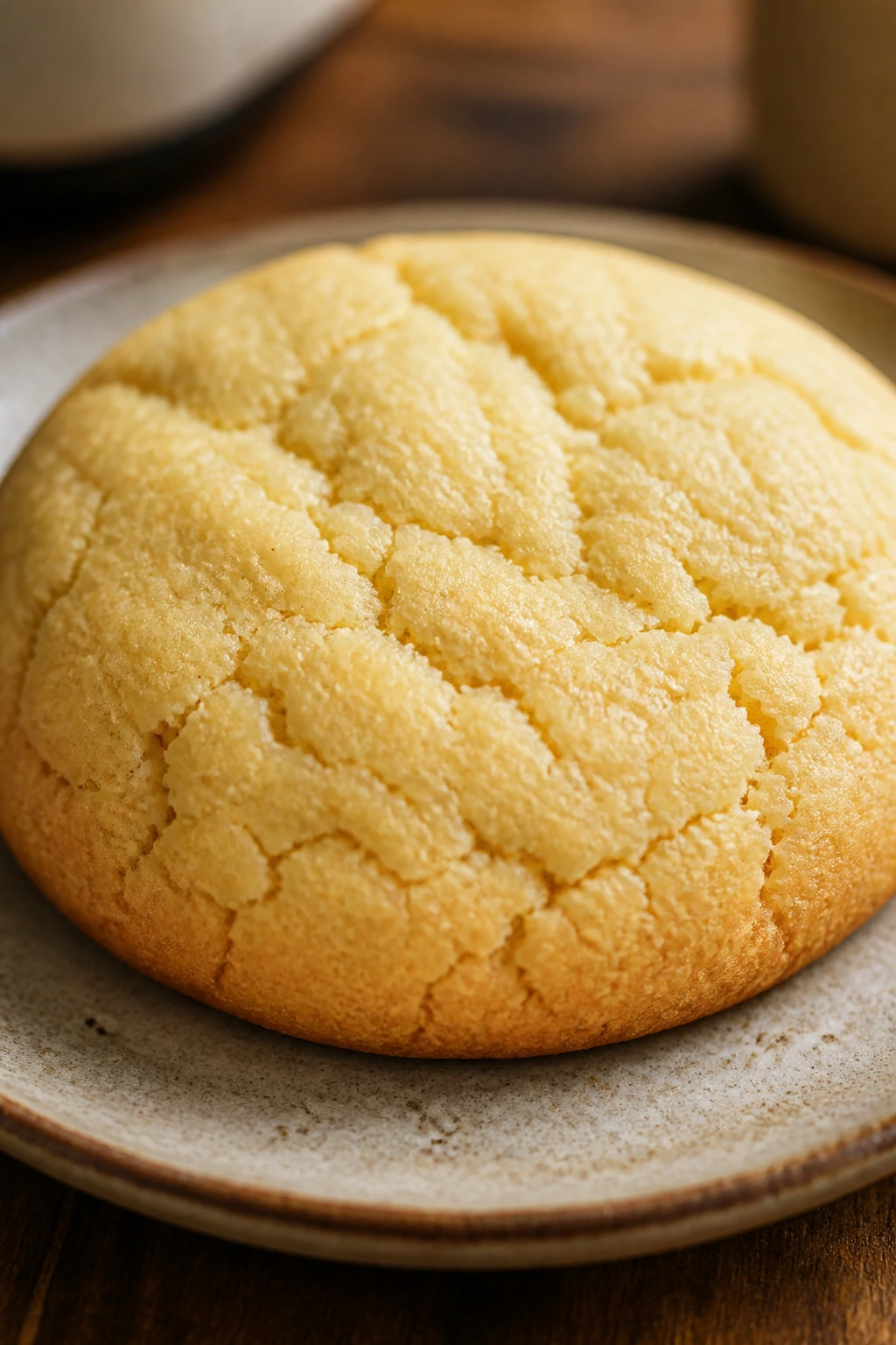 Close-up of a vanilla-butter tea cake on a rustic plate in warm kitchen light