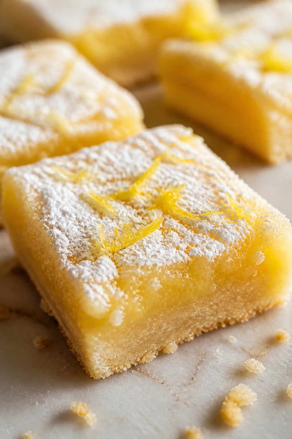 Close-up of a lemon shortbread bar on a warm kitchen counter.