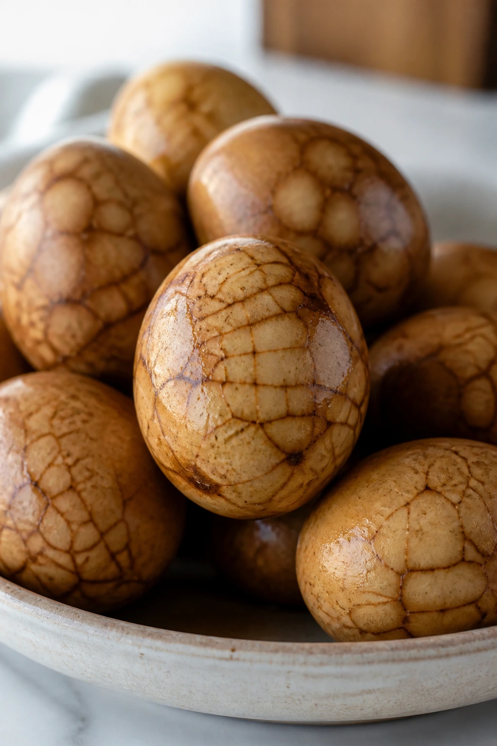 Marbled tea eggs with five-spice in shallow dish