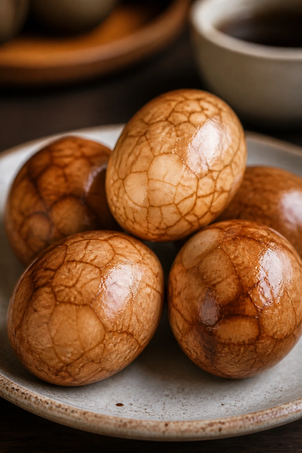 Close-up of marbled tea eggs on a plate