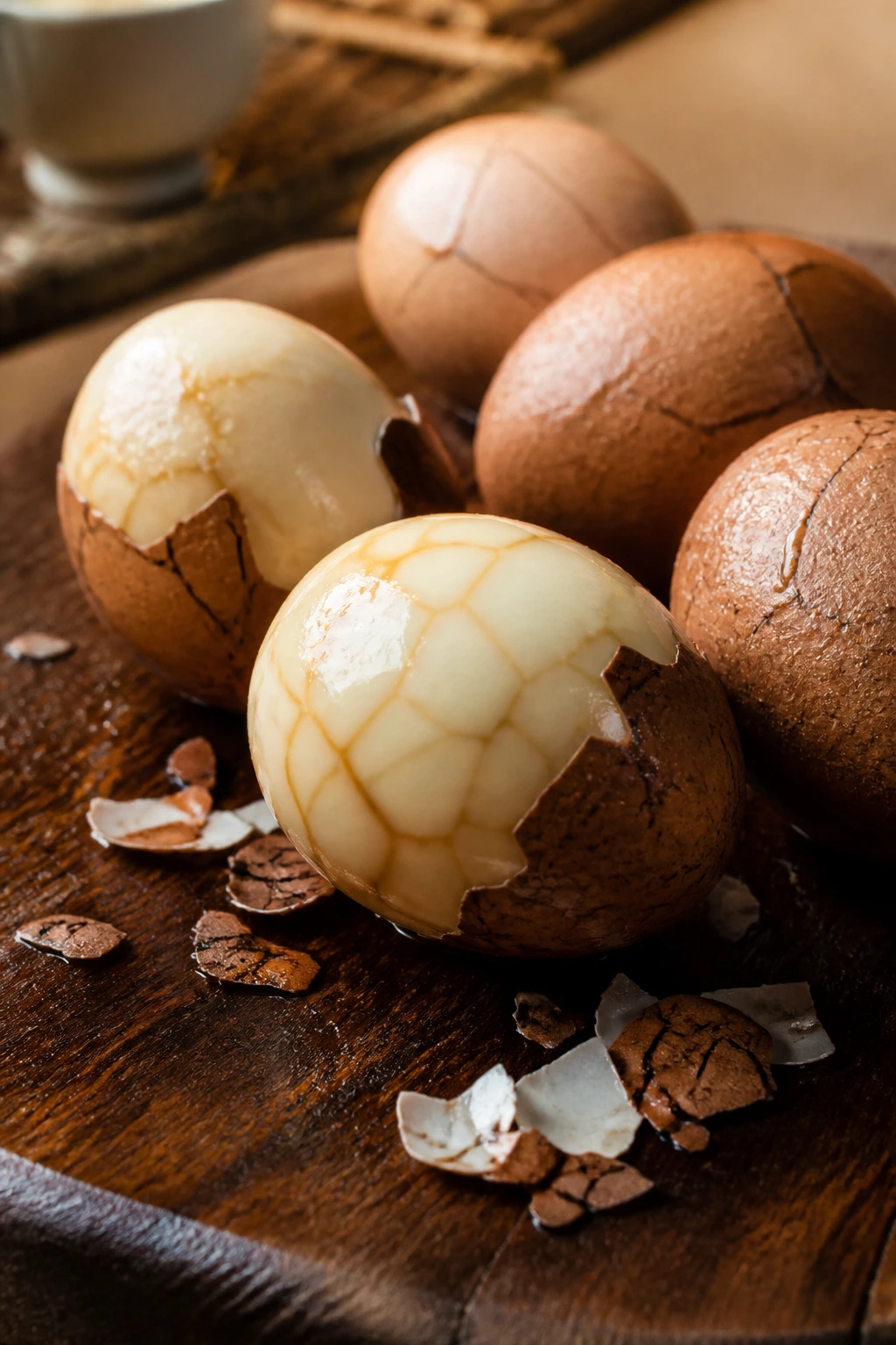 Close-up of cracked, marbled tea eggs on a rustic board