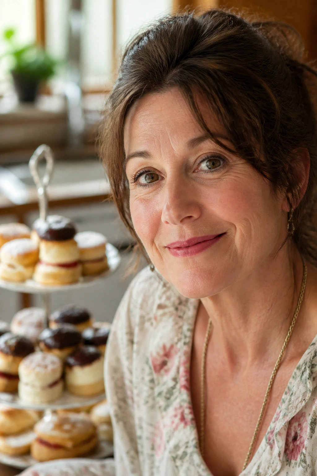 Portrait of a thoughtful woman in a kitchen contemplating tea party desserts