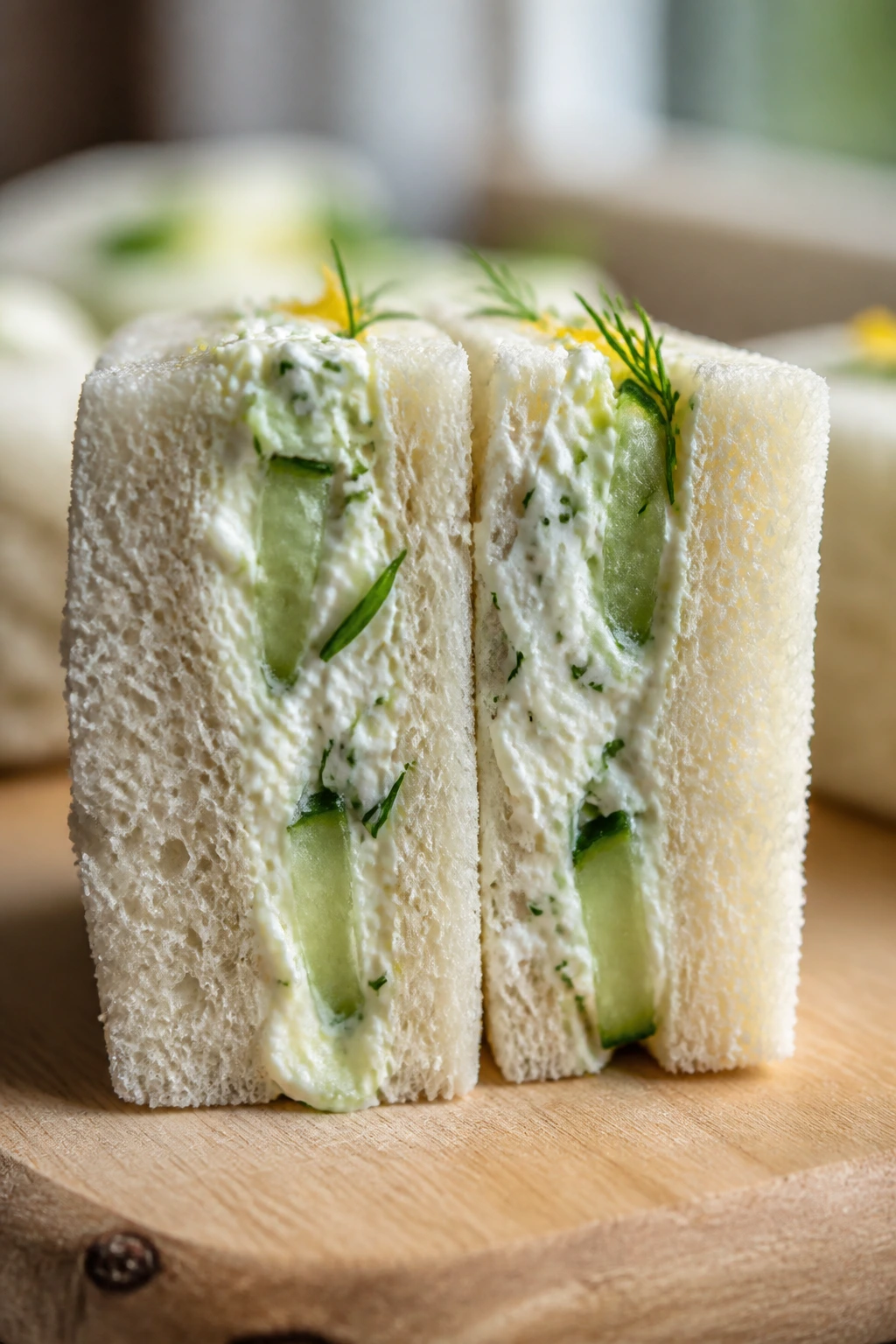 Close-up of cucumber-dill cream cheese tea sandwich on a wooden board