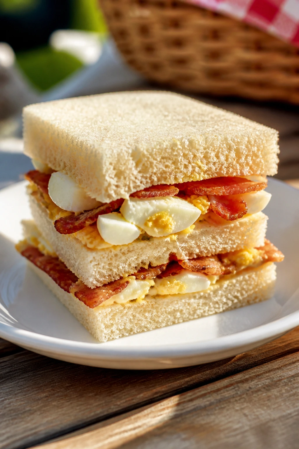 Close-up of egg and bacon tea sandwich on small plate outdoors