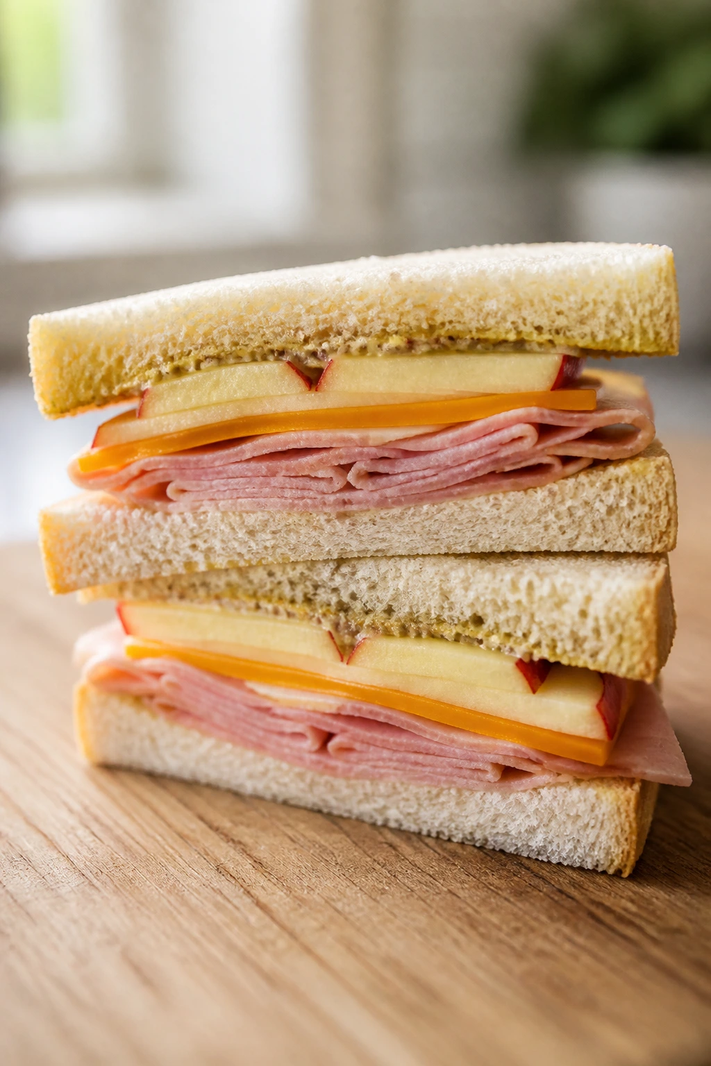 Close-up of ham cheddar apple tea sandwich with butter barrier on cutting board