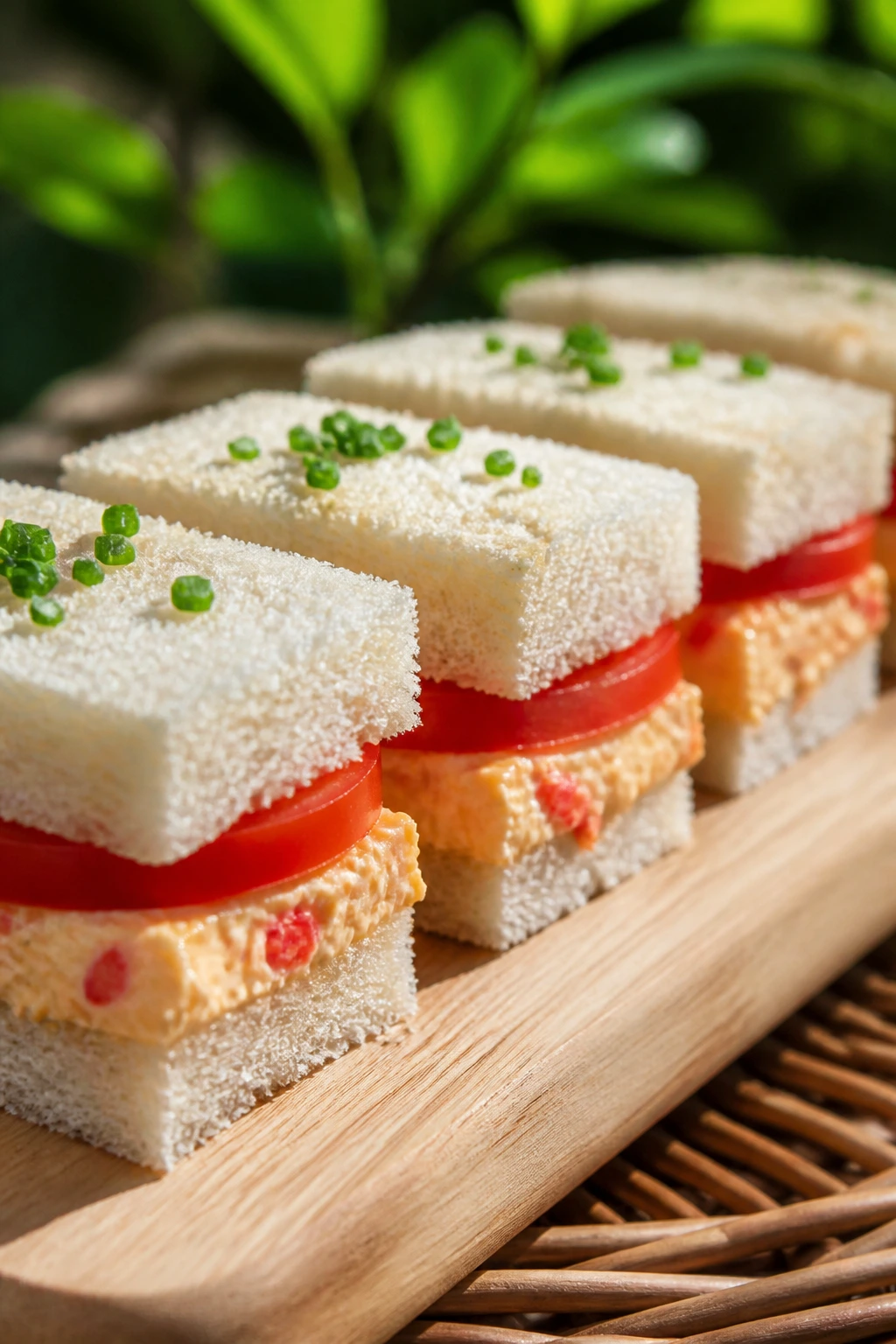Close-up of tomato and pimento cheese tea sandwiches on a wooden picnic board