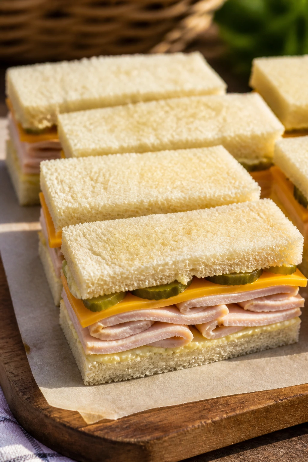 Close-up of tea sandwiches with turkey cheddar pickle on parchment