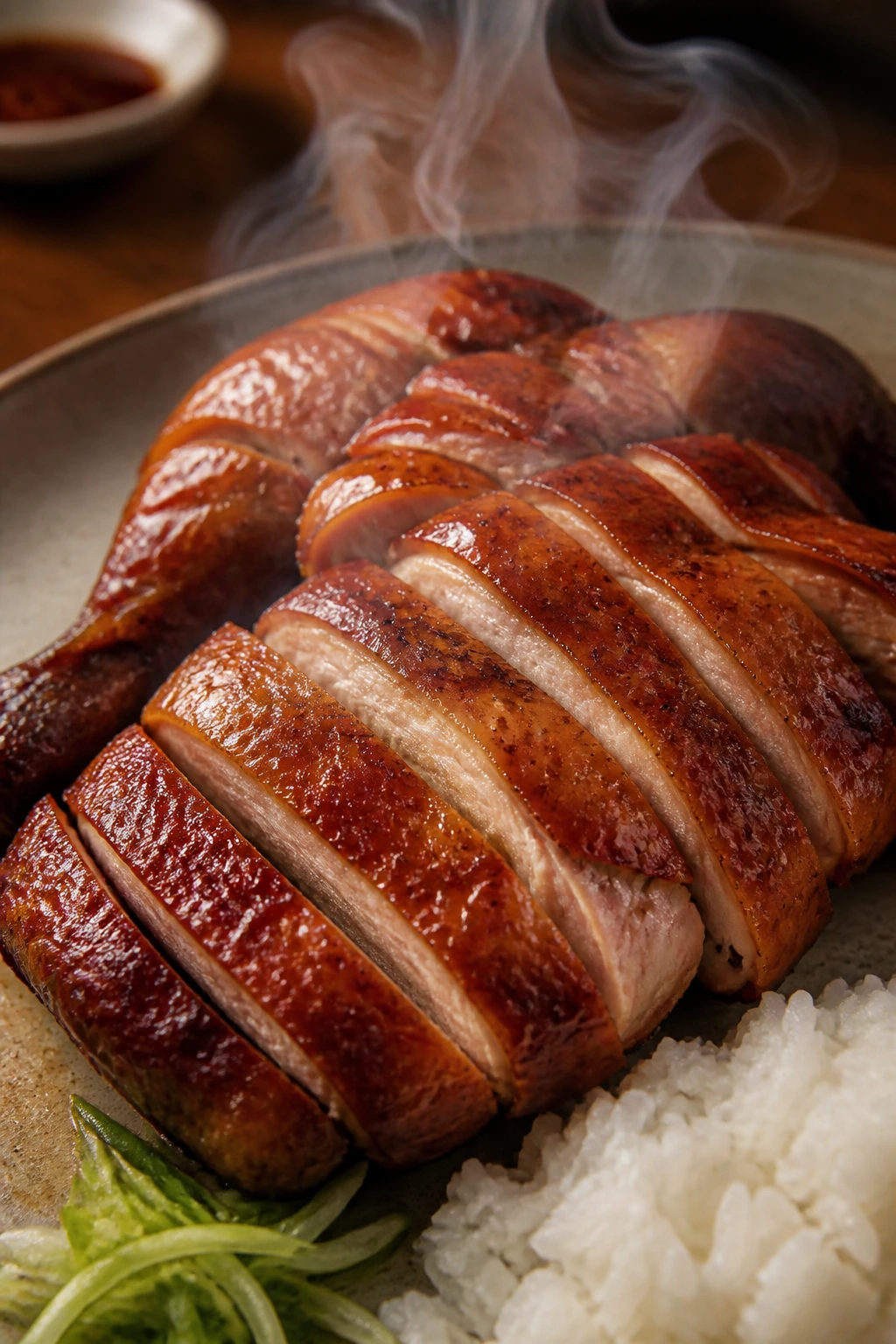 Close-up of tea-smoked chicken on a plate