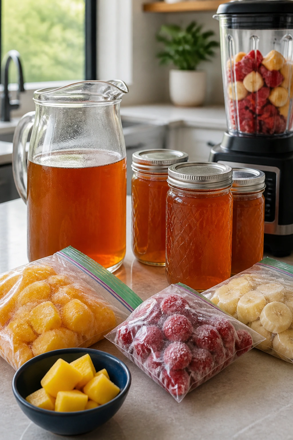 Glass tea pitcher, jars, and frozen fruit on kitchen counter for make-ahead smoothies
