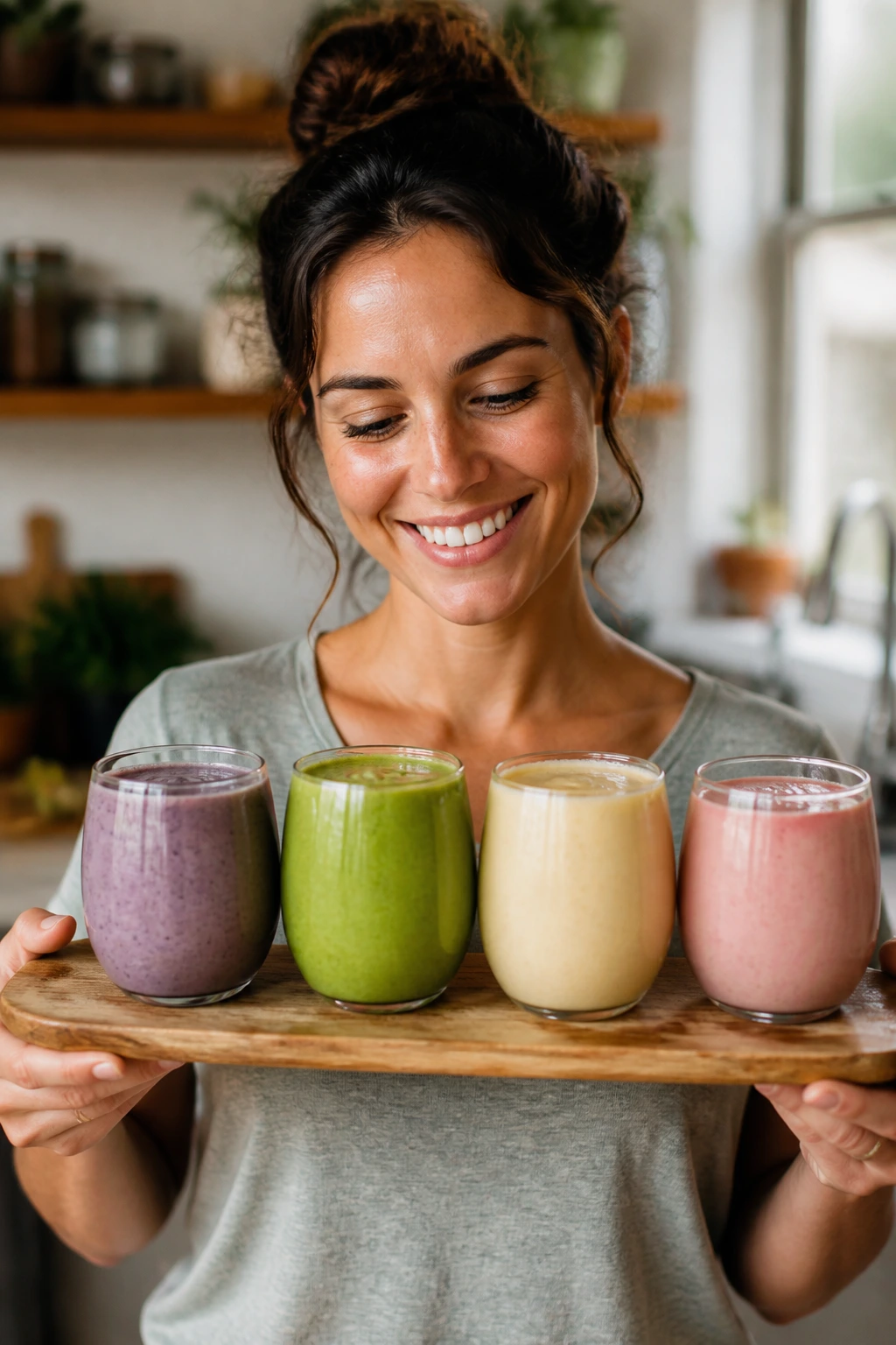 Real person with four colorful smoothies showing variations in textures and ingredients