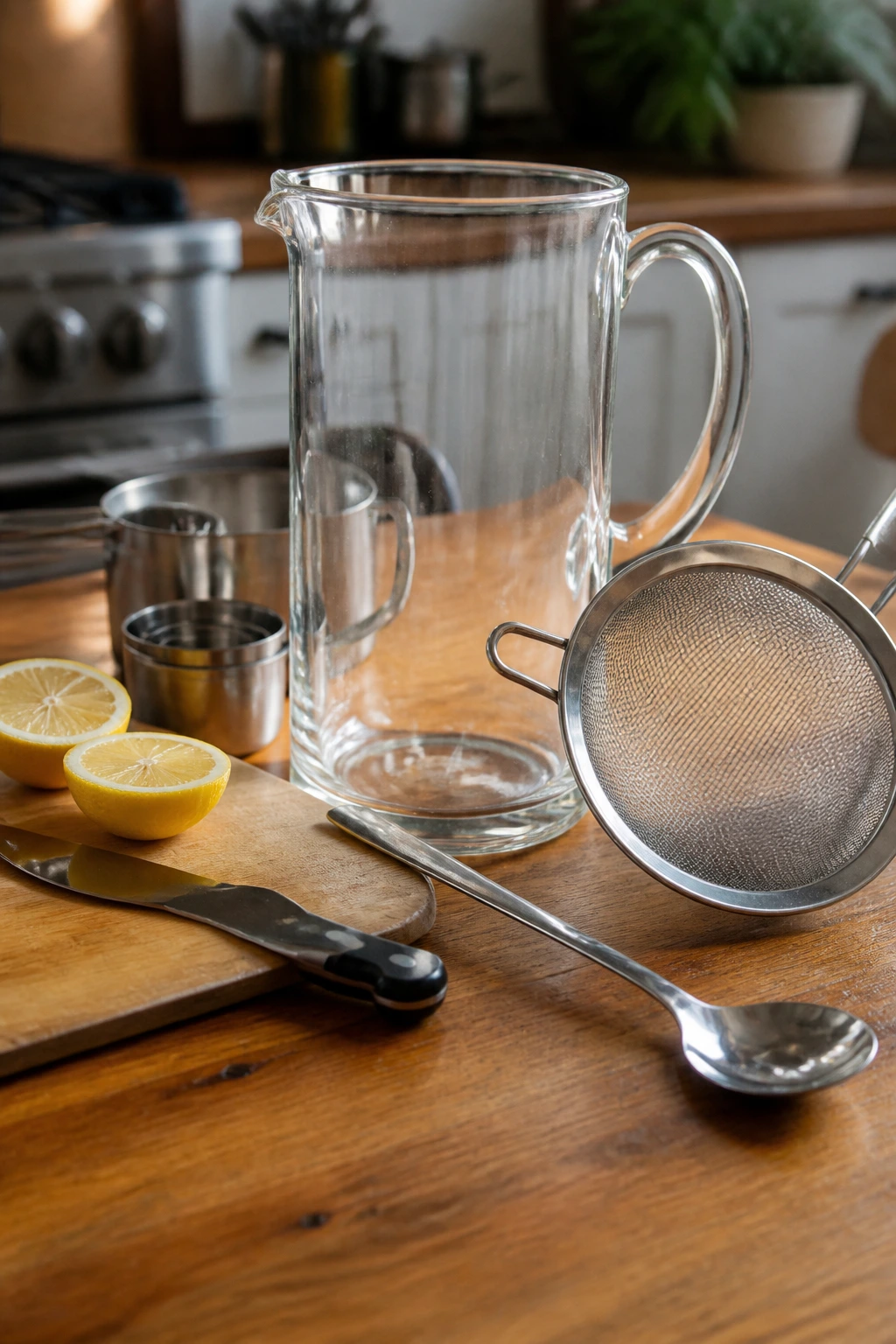 Close-up of iced tea tools: pitcher, spoon, strainer on wooden counter