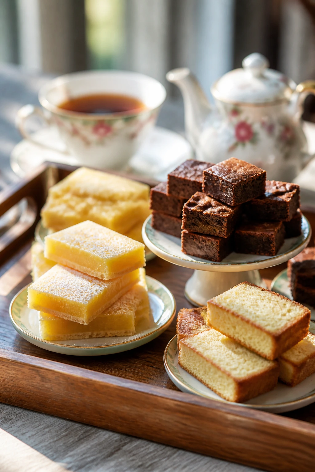 Tea tray with lemon bars, brownies, and loaf cake slices arranged neatly