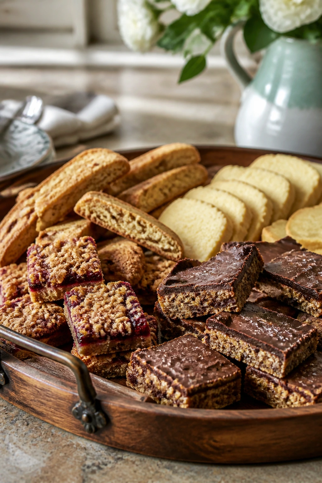 Close-up of a wooden tea tray with neatly arranged pantry desserts