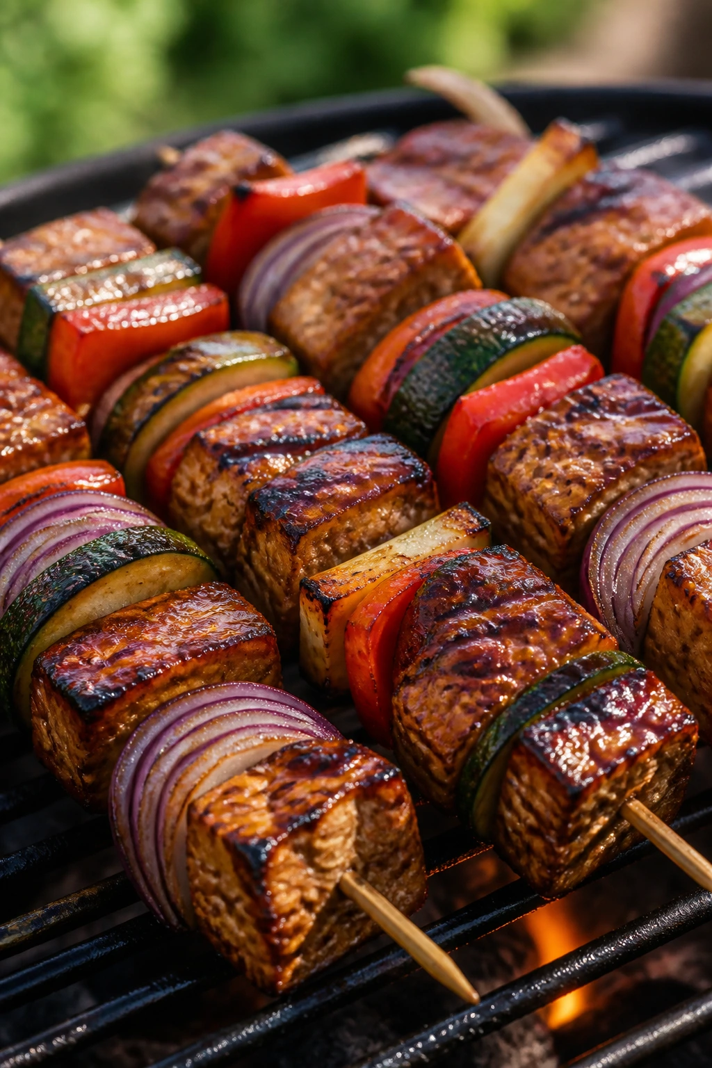 Close-up of BBQ Tempeh and Vegetable Skewers