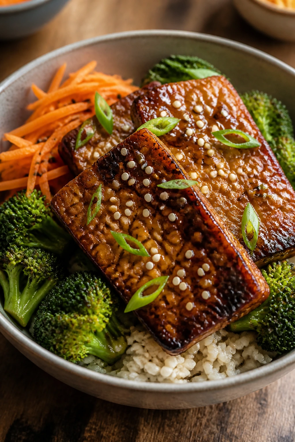 Tempeh bowl with sesame-ginger sauce over rice and vegetables