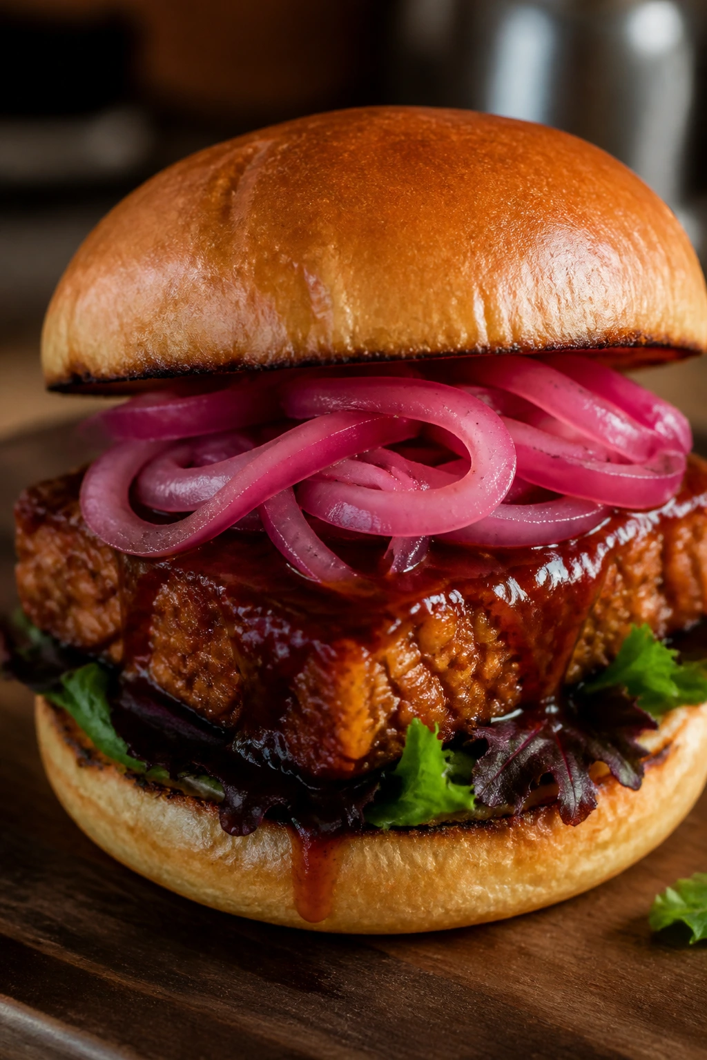 Tempeh burger with pickled onions on bun