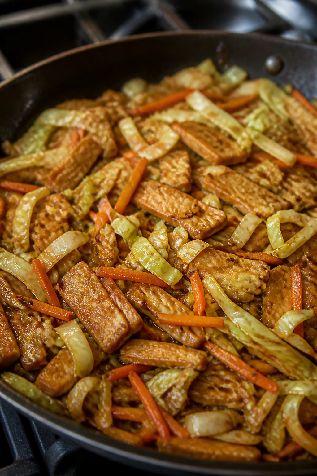 Close-up of tempeh and cabbage stir-fry in a skillet