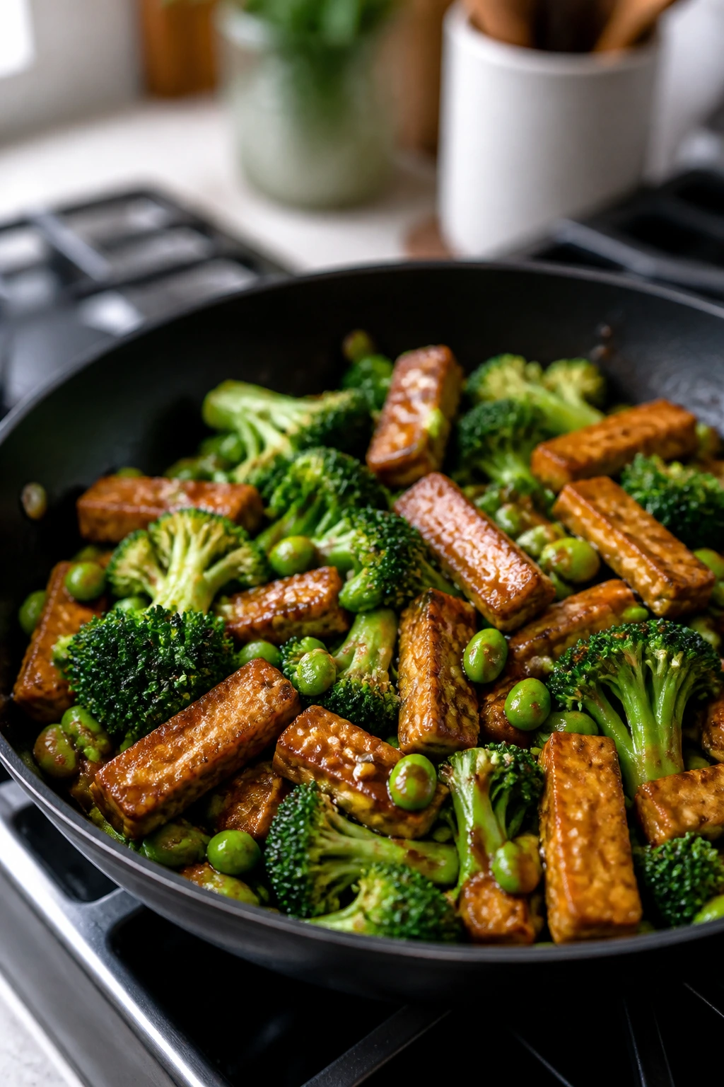 Tempeh and edamame stir-fry in a skillet