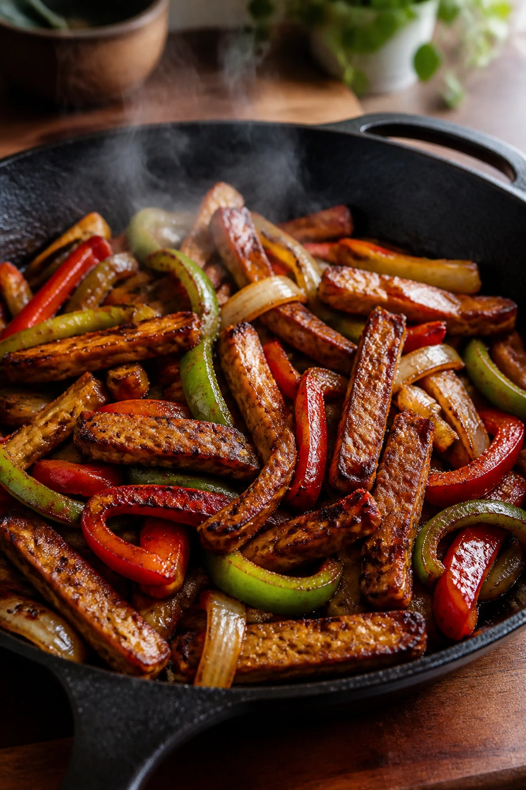 Tempeh fajita skillet with peppers and onions