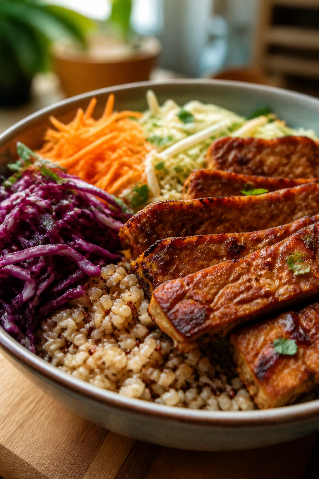 Close-up of tempeh grain bowl with cabbage and vegetables