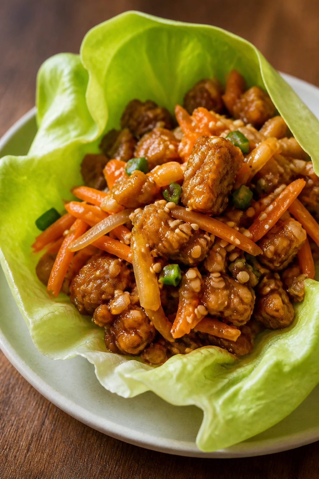 Close-up of Sesame Ginger Tempeh Lettuce Wrap on a plate