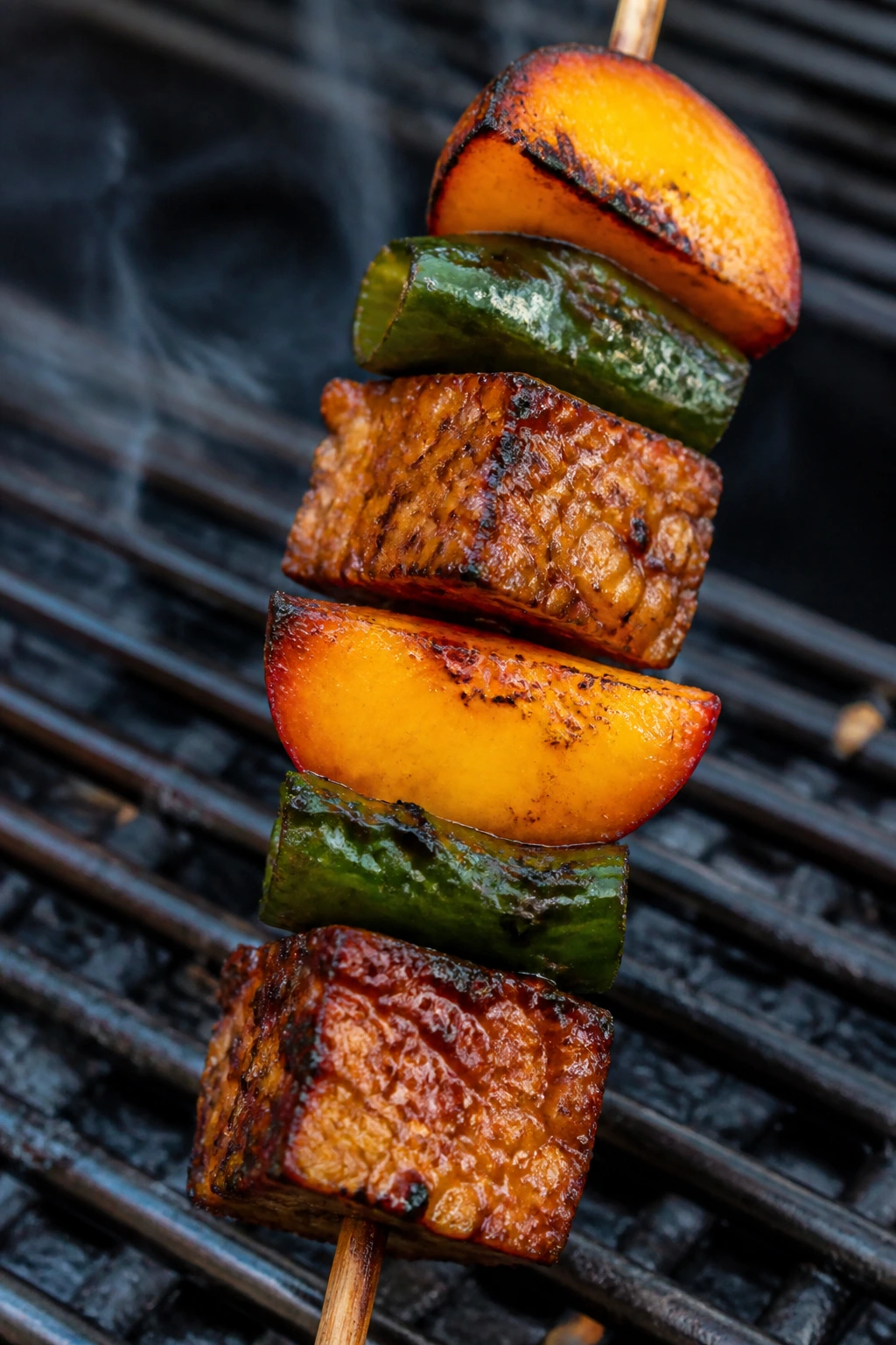 Close-up tempeh peach poblano skewers on grill
