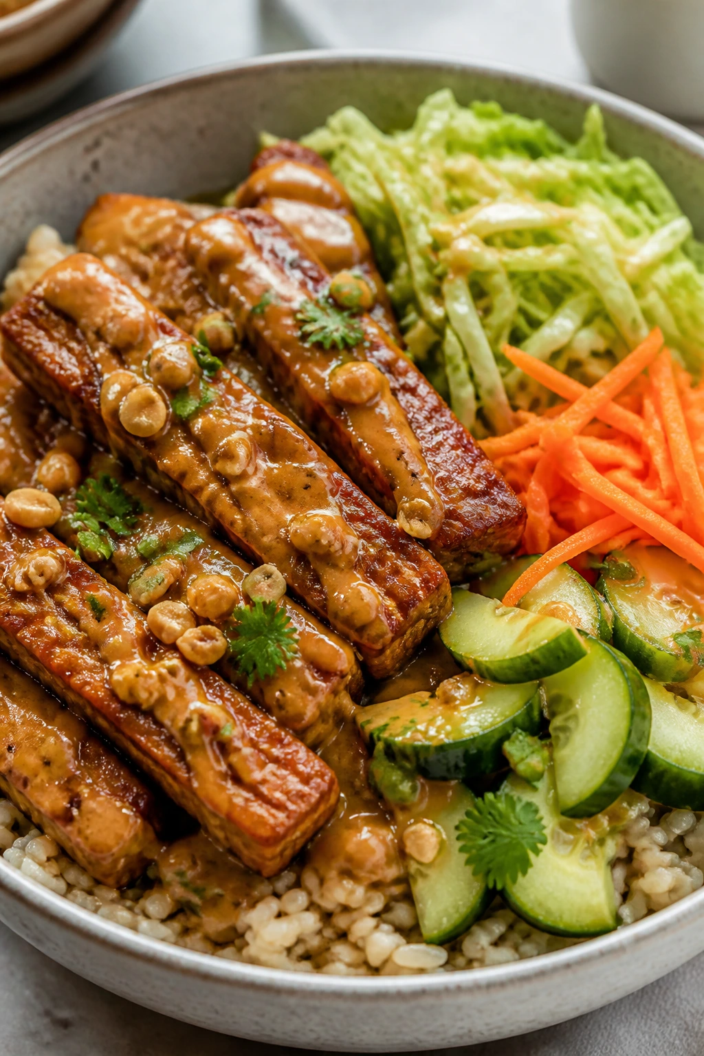 Close-up of Thai Peanut Tempeh Bowl with tempeh and crunchy vegetables on a brown rice base