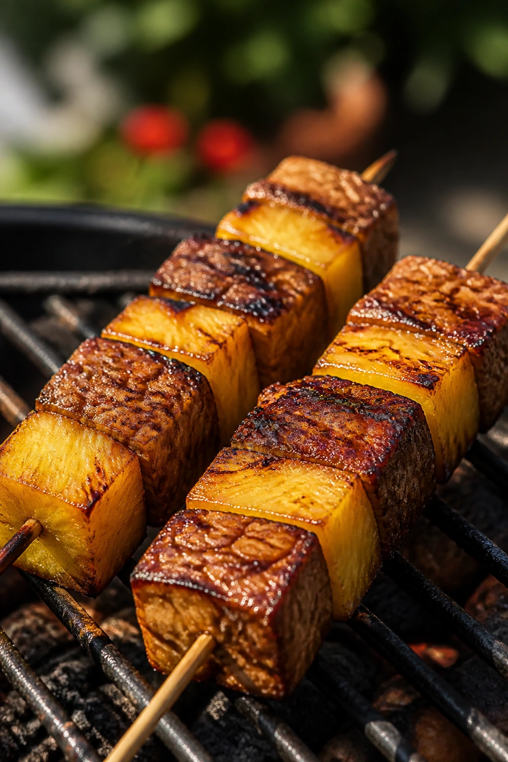 Close-up of tempeh and pineapple skewers with glaze on a grill.