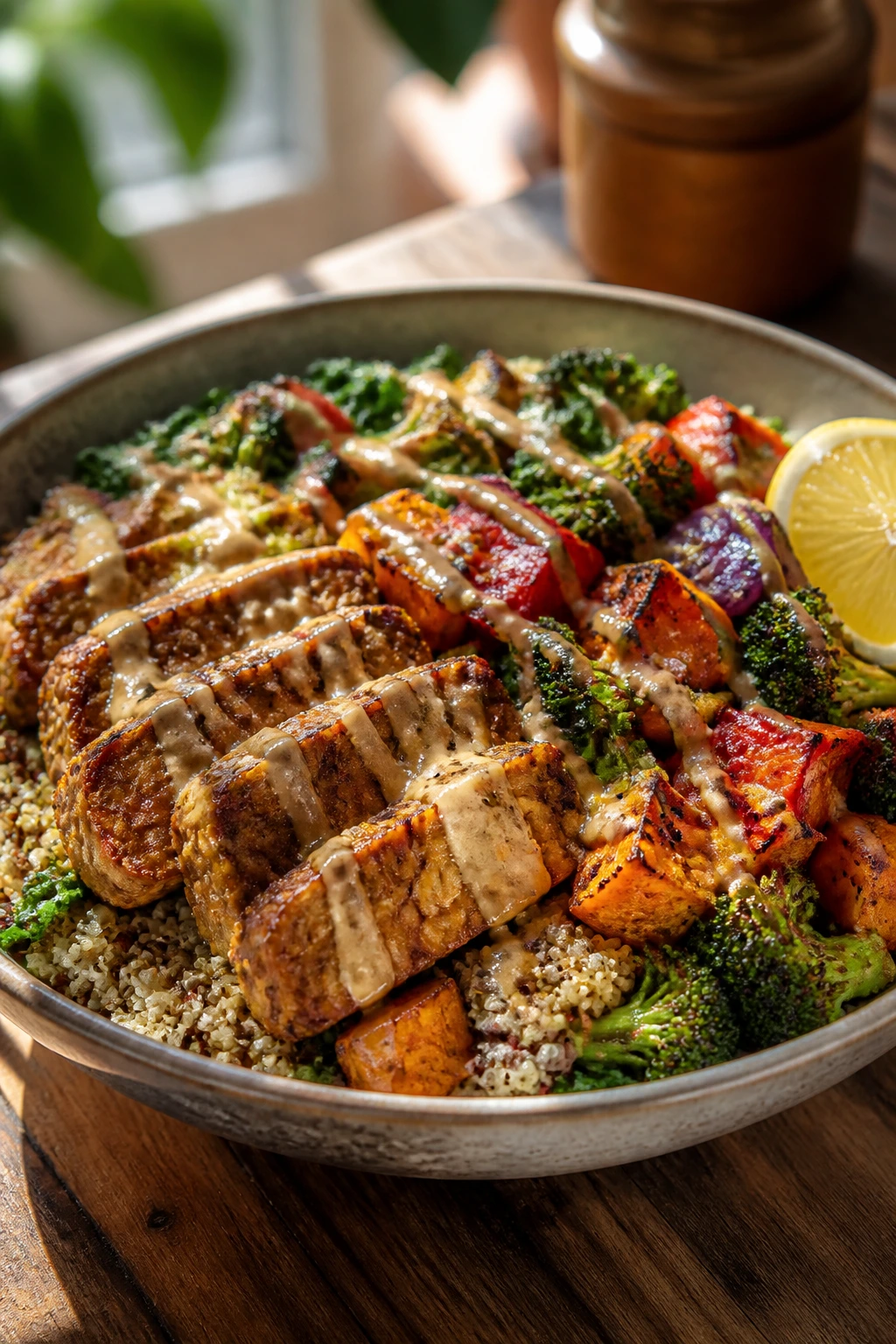 Close-up of a tempeh quinoa bowl with roasted vegetables and tahini dressing
