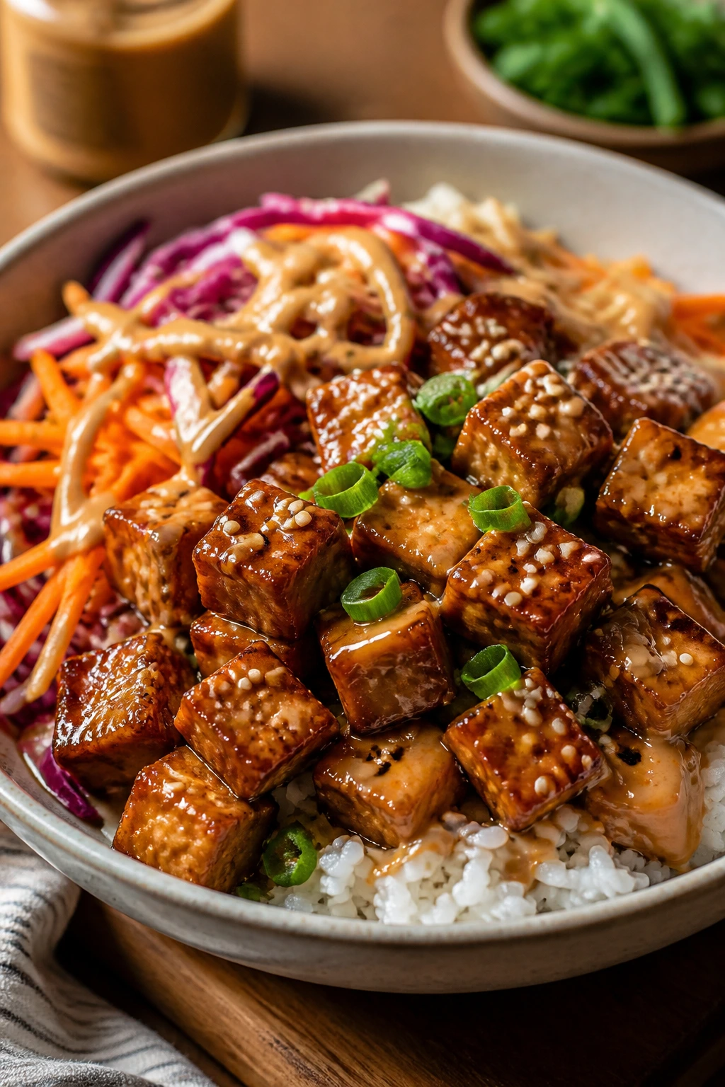 Close-up of a peanut sesame tempeh rice bowl with vegetables
