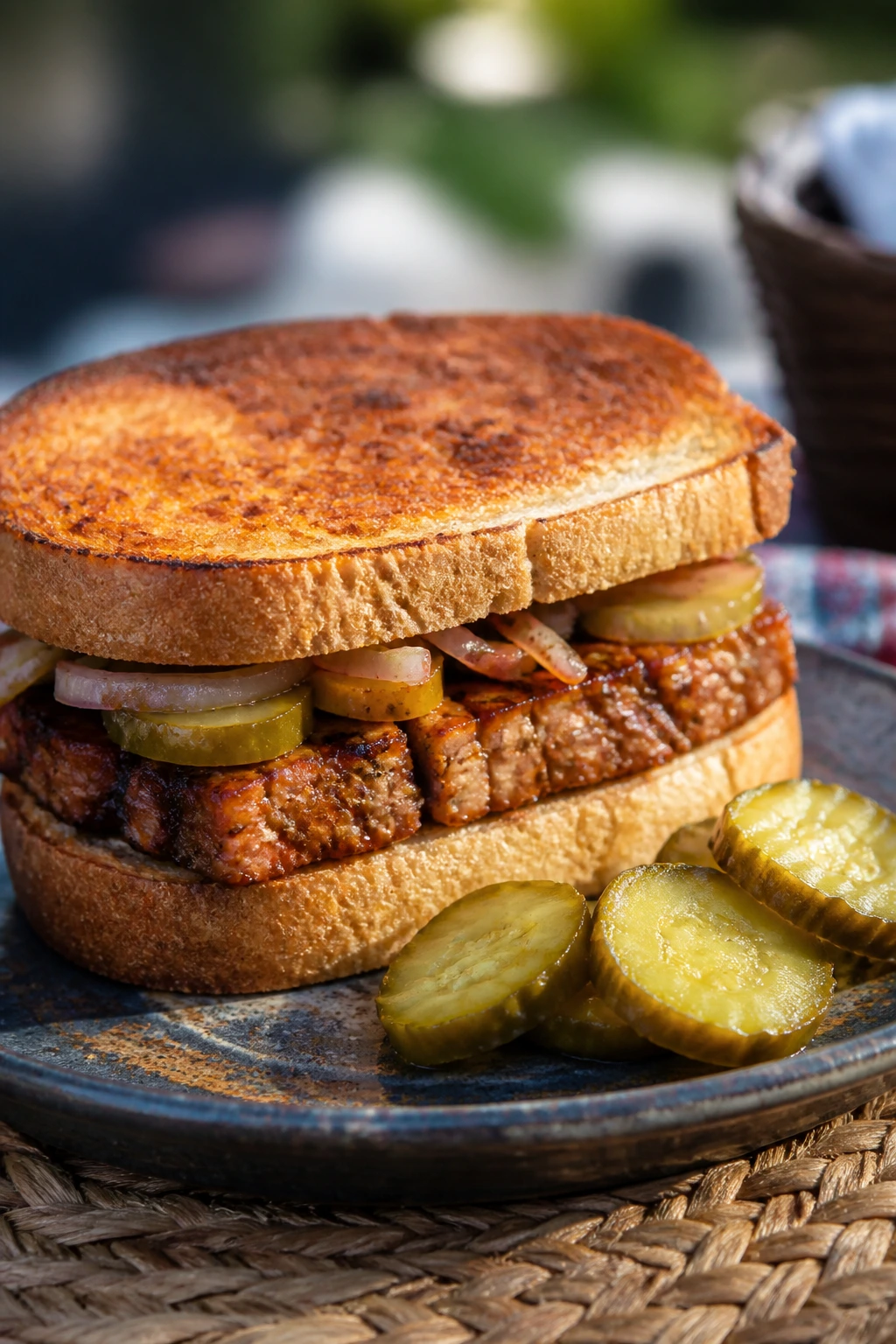 Close-up of tempeh sandwich with pickles on a rustic plate outdoors