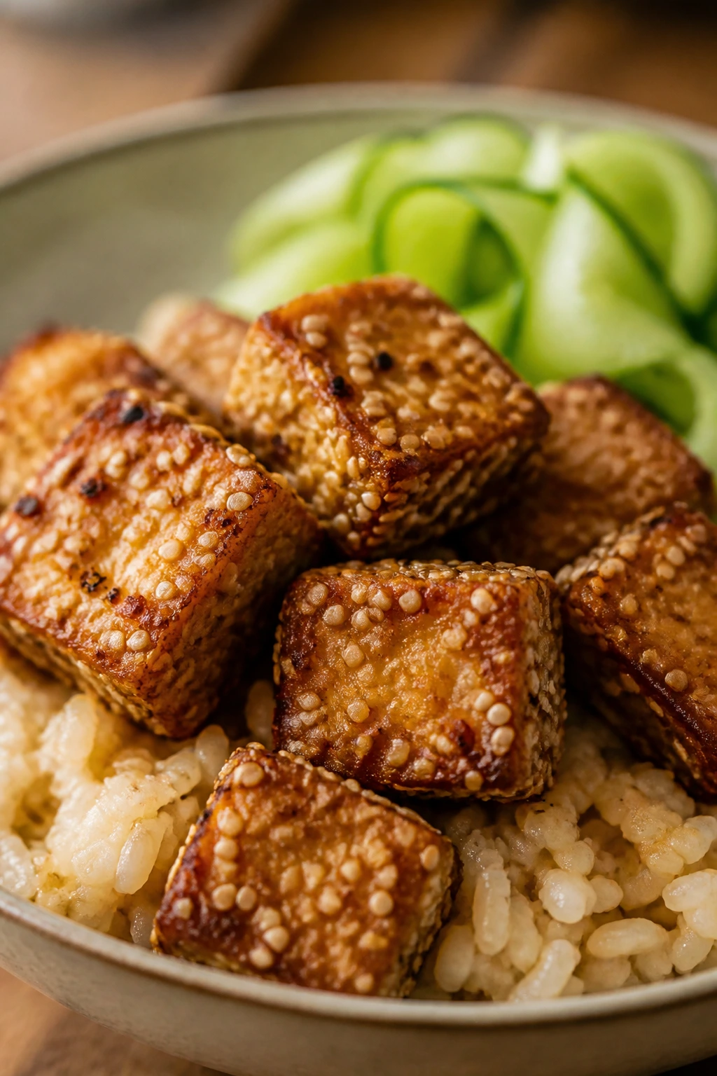 Tempeh sesame variation on rice with cucumber ribbons
