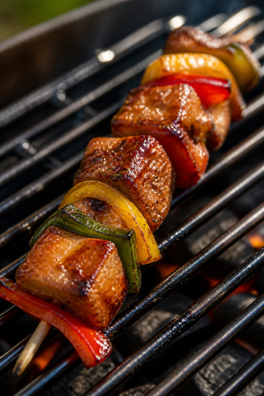 Close-up of sticky tempeh skewer on grill